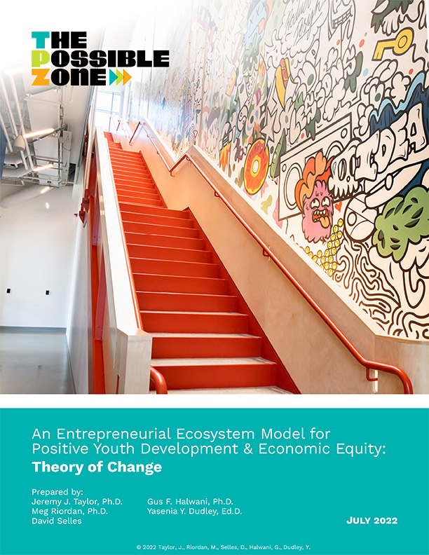 Cover of the Theory of Change Report with title and authors listed, photo of mural by stairwell